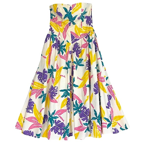 Joni Blair Dresses & Skirts - VINTAGE 80s 90s Strapless Sweetheart Tropical Foliage Print Midi Flare Dress